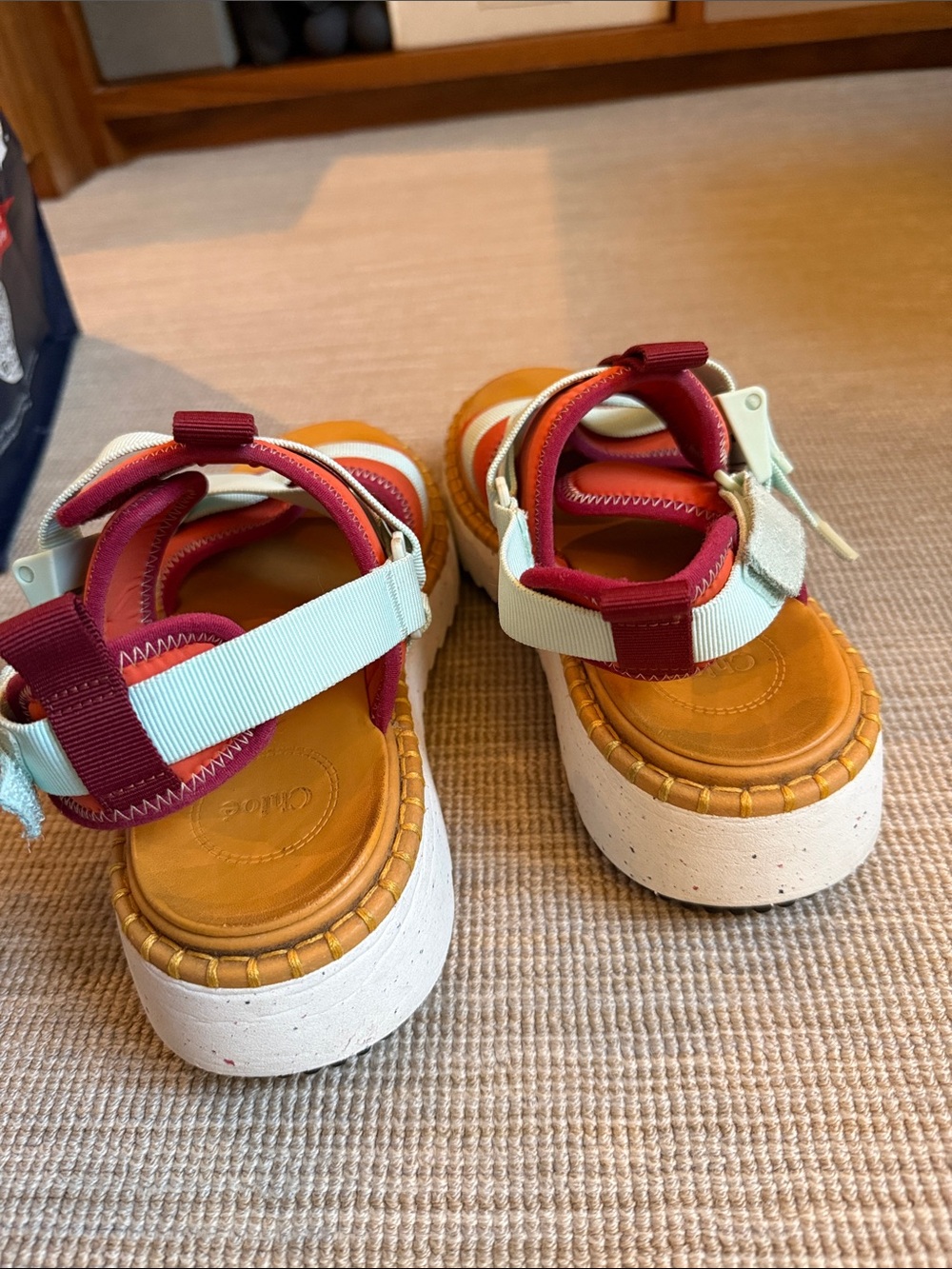 Chloe Colorblock Sandals in Orange, Light Blue & Maroon - Picture 3 of 4